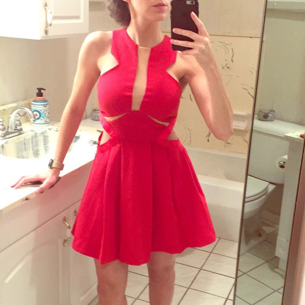 Red three floor mini with cut outs